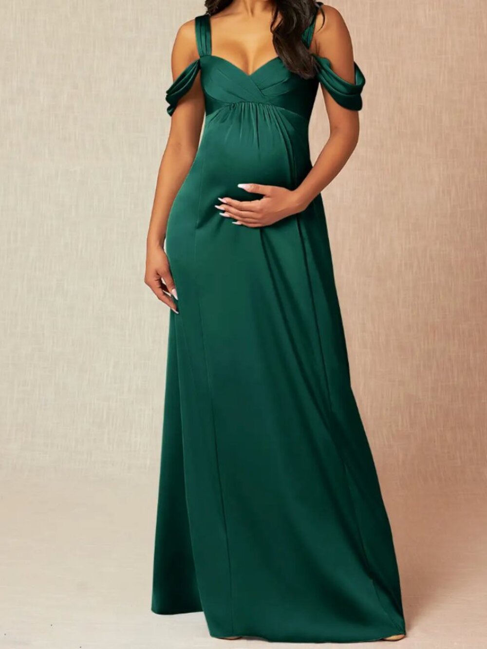 Azazie Emerald Green Stretch Satin Maternity Off Shoulder Gown NWOT